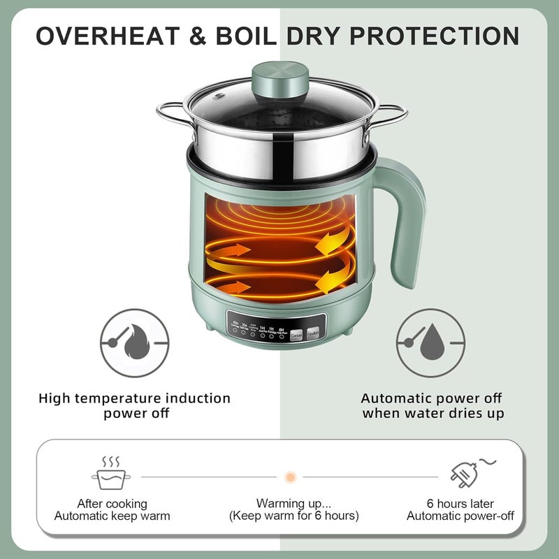 NUNET Smart Mini Hot Pot with Timer and Automatic Shut Off 1.2L Non-Stick Rapid Noodle Cooker w Stainless Steel Steamer Basket 600W Quick Cook 5 Cooking Modes for Soup, Rice (1cup) , Porridge, Pasta Great for 1-2 Persons (Green) - Image 5